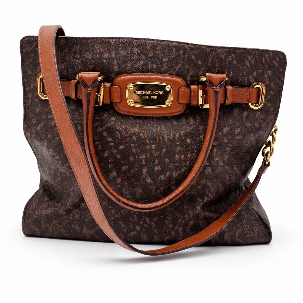 Michael Kors Hamilton Large Brown‎ MK Logo Tote Bag Gold Chain Leather Trim Bag